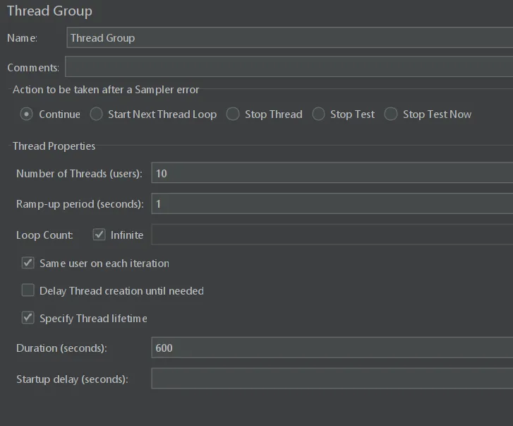 jMeter tread group settings